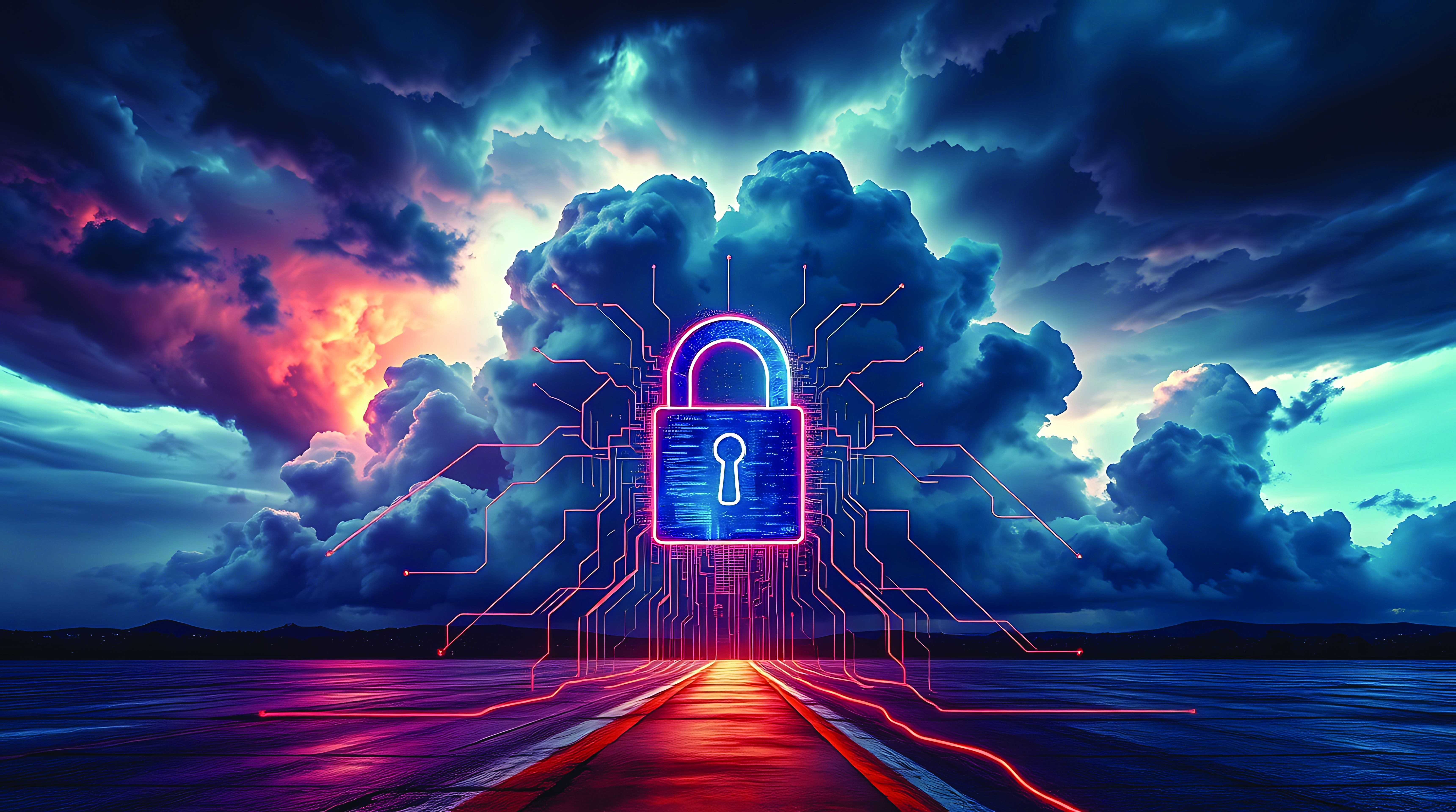 A dramatic, digitally enhanced image depicts a large, glowing padlock with circuit board patterns against a backdrop of a stormy sky